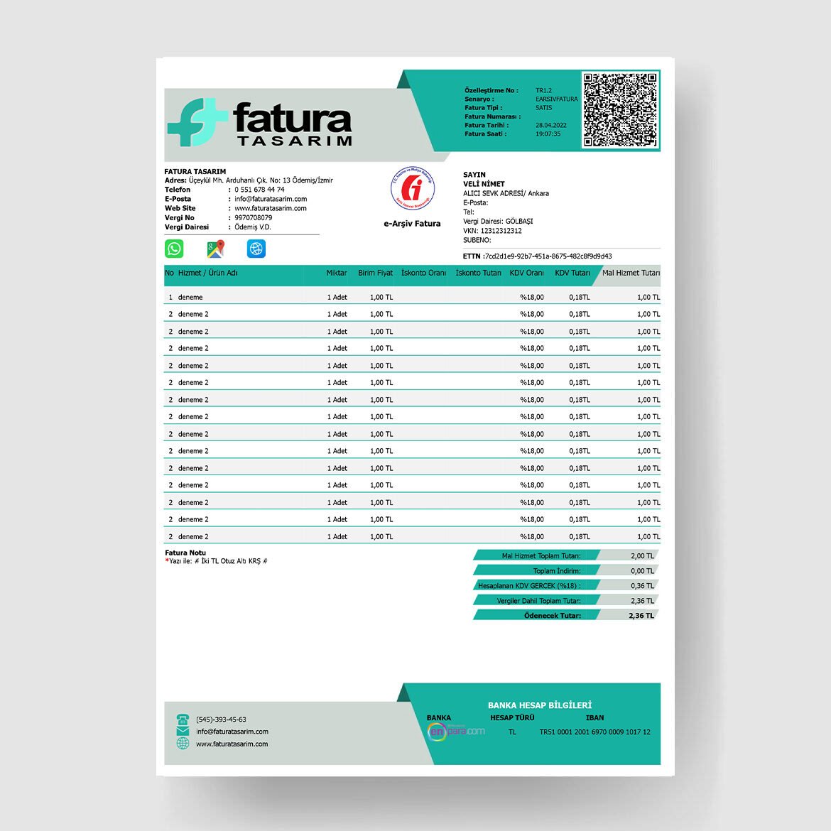 premium 22 efatura tasarımı turkuaz tasarım